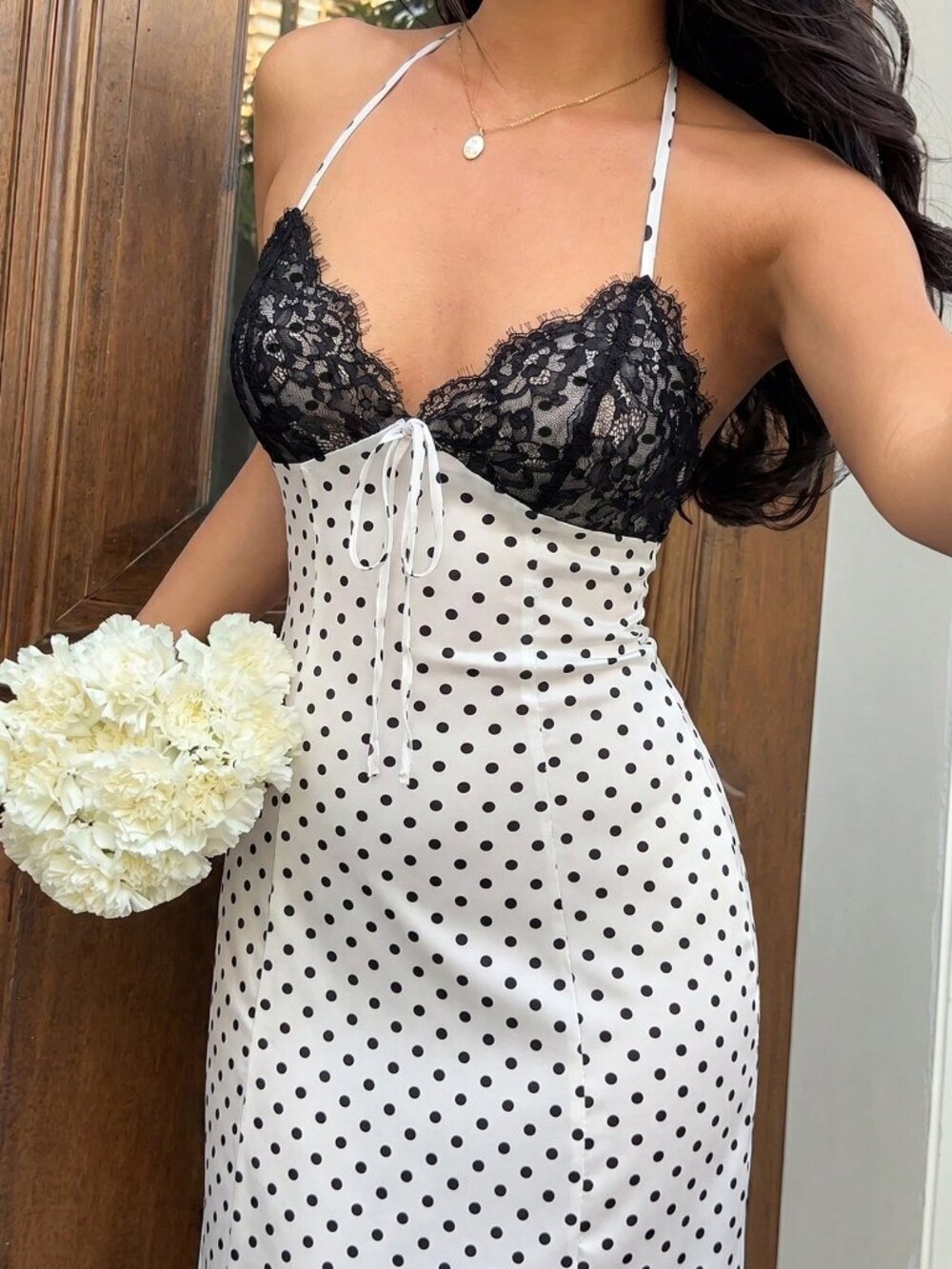 Elegant Sexy White Women's Polka Dot V-Neck Maxi Dress - Picture 3 of 8